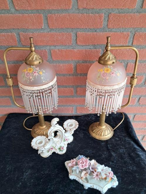 Jugendstil schemerlampjes met roze glazen lampenkappen., Antiek en Kunst, Antiek | Lampen, Ophalen of Verzenden