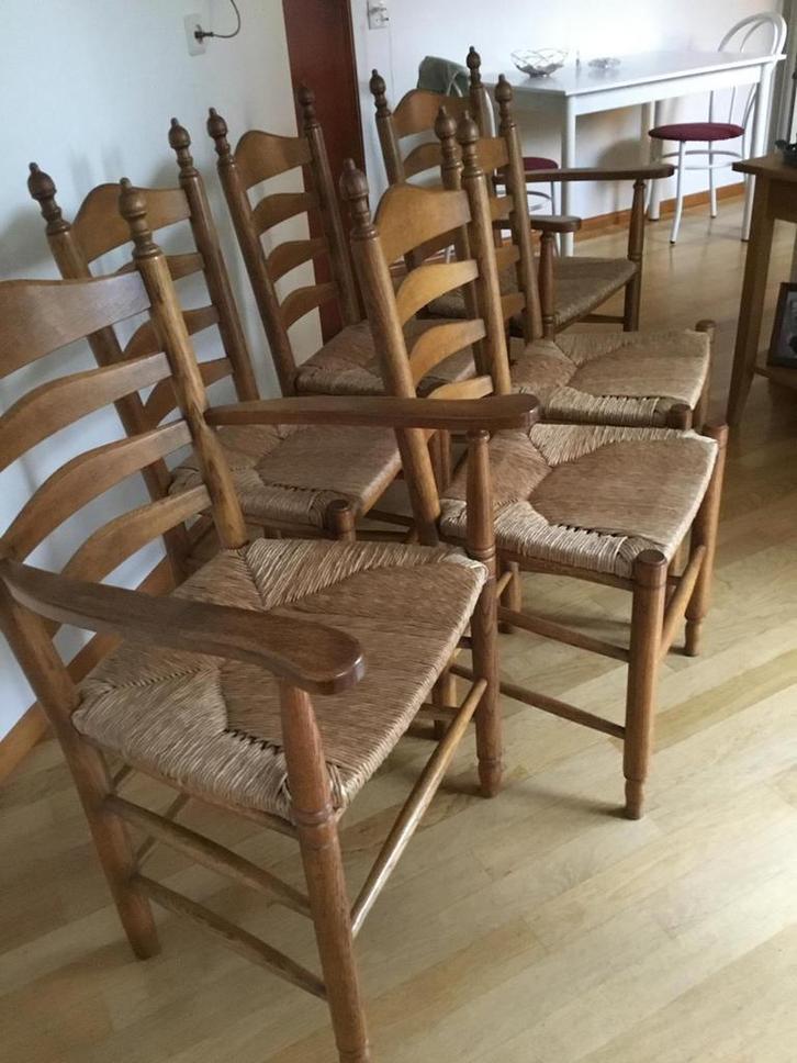 6 Hele mooie eiken knop stoelen met biezen zitting, Huis en Inrichting, Stoelen, Vijf, Zes of meer stoelen, Bruin, Ophalen