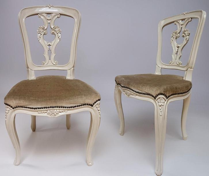 Set van 2 antieke wit gelakte Louis XV stoelen, Huis en Inrichting, Stoelen, Gebruikt, Twee, Hout, Stof, Wit, Ophalen