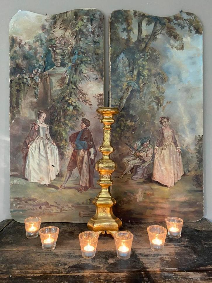 Een paar antiek franse romantische schilderijen, Antiek en Kunst, Antiek | Woonaccessoires, Ophalen of Verzenden