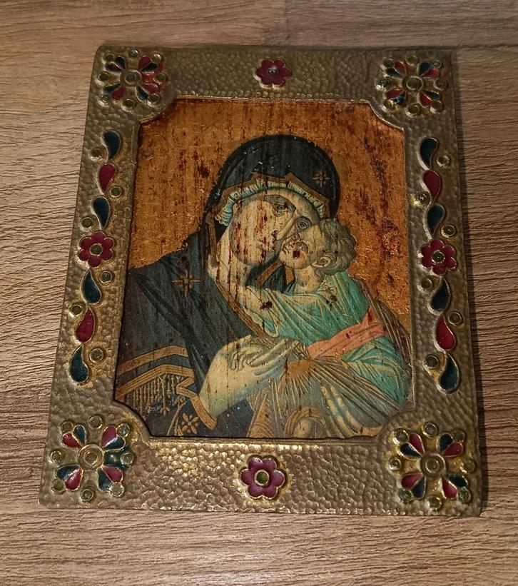 Antieke Icoon op Hout in Versierd Lijstje, Antiek en Kunst, Antiek | Religie, Ophalen of Verzenden