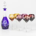 Vintage Franse Geslepen Kristal Karaf 6 Gekleurde Wijnglazen, Antiek en Kunst, Antiek | Glas en Kristal, Ophalen of Verzenden