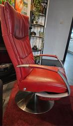 Rode lederen draai/lig fauteuil, Huis en Inrichting, Ophalen, Gebruikt, Metaal, Modern