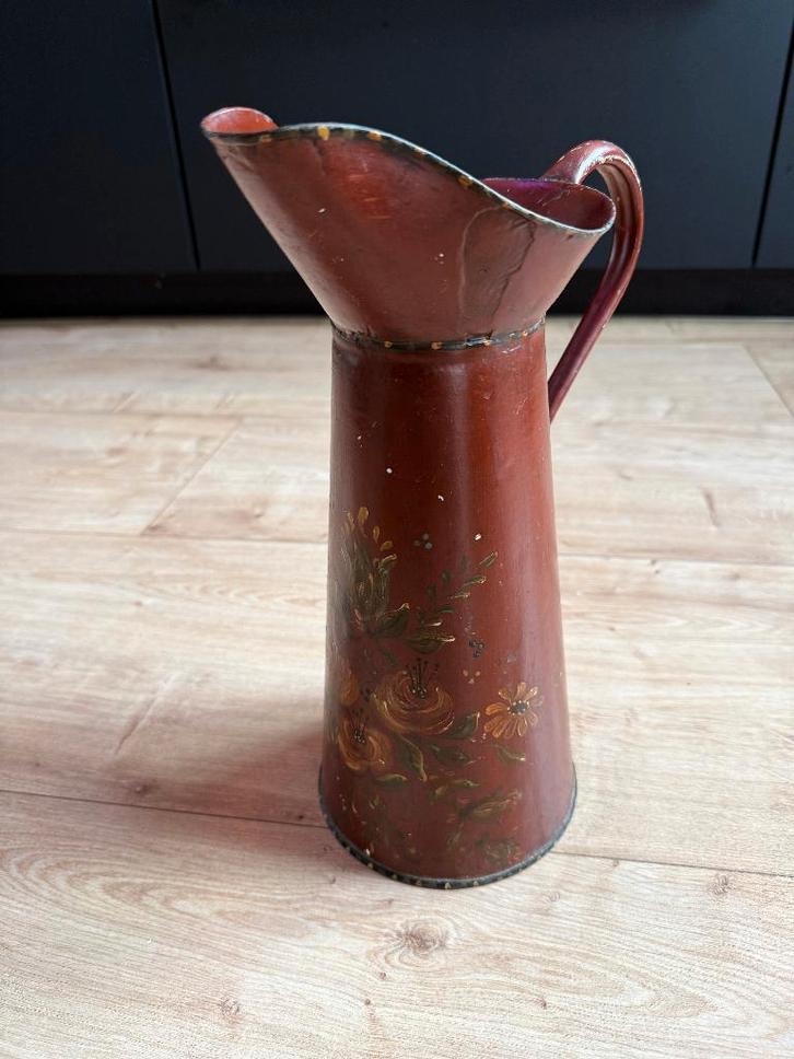 Vintage brocante emaille kan met handbeschilderde bloemen, Antiek en Kunst, Antiek | Emaille, Ophalen of Verzenden