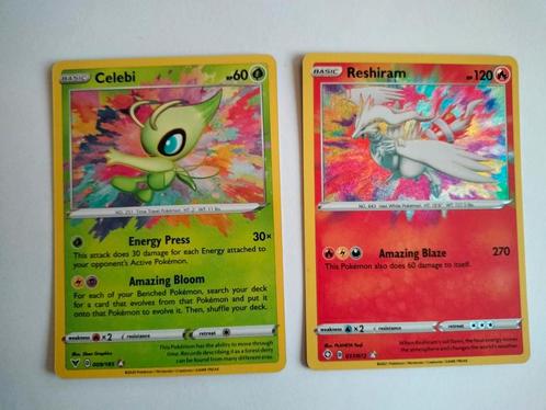 Celebi 009/185 + Reshiram 017/072 'regenboog' kaarten, Hobby en Vrije tijd, Verzamelkaartspellen | Pokémon, Zo goed als nieuw