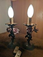 Paar lampen van brons en porseleinen rozen, Antiek en Kunst, Ophalen