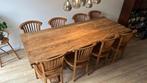 Robuuste teak houten kloostertafel, +8 stoelen of los, Huis en Inrichting, Tafels | Eettafels, Gebruikt, Teakhout, 200 cm of meer