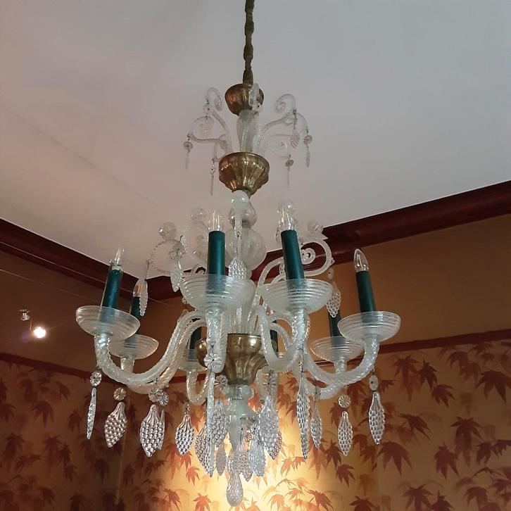 Antieke Glazen Kroonluchter, Huis en Inrichting, Lampen | Kroonluchters, Gebruikt, Glas, Metaal, Ophalen