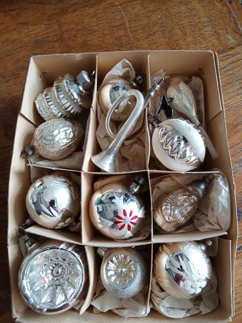 doos nr groen 6 oude kerstballen zilveren glazen, Diversen, Kerst, Gebruikt, Ophalen of Verzenden