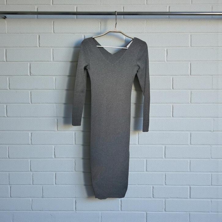 Vintage Dressing Jurk Maat S Grijs Ribstof Body Con Midi, Kleding | Dames, Jurken, Zo goed als nieuw, Maat 36 (S), Grijs, Onder de knie