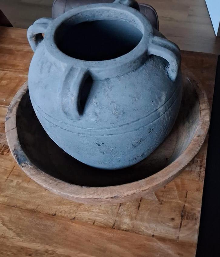 Decoratieve schaal met pot, Huis en Inrichting, Woonaccessoires | Schalen en Manden, Gebruikt, Schaal, Rond, Hout, Ophalen