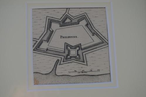 Fraaie ets/gravure Fortificaties/bastion Phillippine Zee-Vla, Antiek en Kunst, Kunst | Etsen en Gravures, Ophalen of Verzenden