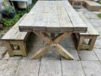Mooie tuinset van steigerhout (tafel met 2 banken), Tuin en Terras, Tuinsets en Loungesets, Ophalen, Gebruikt, Steigerhout, 8 zitplaatsen