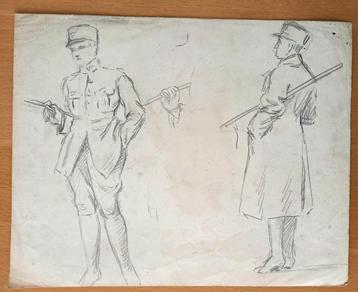 A493-53 Oude tekening Franse militairen (3x) beschikbaar voor biedingen
