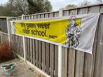 Uniek spandoek Wij gaan weer naar school 4 meter verkeer, Ophalen of Verzenden, Gebruikt