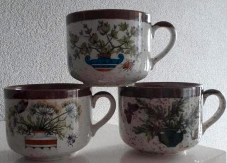 Drie Soepkommen met Kruiden en Tekst, Huis en Inrichting, Keuken | Servies, Zo goed als nieuw, Kom(men), Overige stijlen, Aardewerk