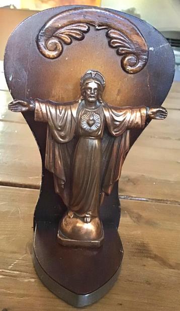 ANTIEK CHRISTUS HEILIG HART BEELDJE OP HOUTEN CONSOLE beschikbaar voor biedingen