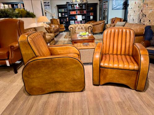2 Cognac Schapenleren clubfauteuil schaapsleder Chesterfield, Huis en Inrichting, Fauteuils, Zo goed als nieuw, Leer, 75 tot 100 cm