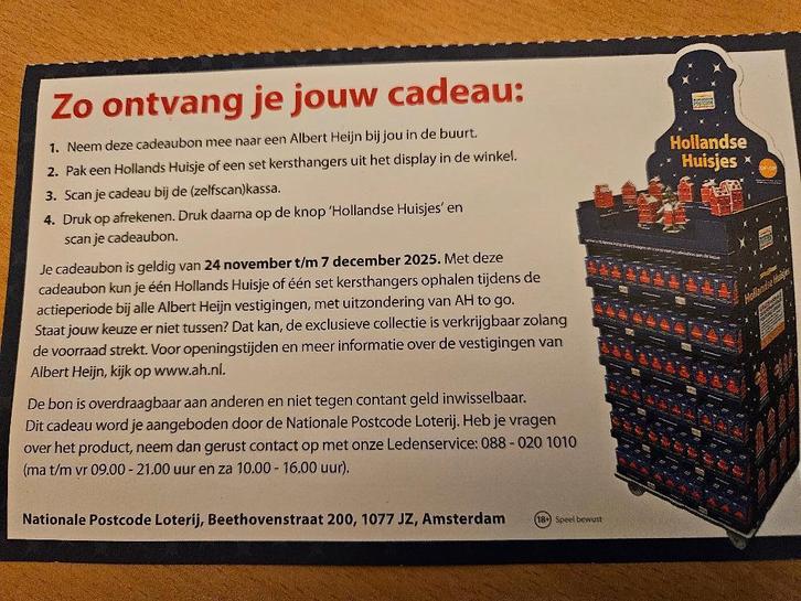 Vouchers postcodeloterij kersthuisjes, Tickets en Kaartjes, Kortingen en Cadeaubonnen, Eén persoon, Overige typen, Cadeaubon