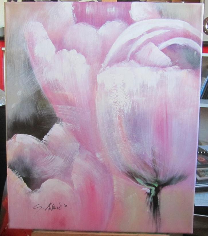 Abstract Schilderij Roze Tulpen , Acrylverf op doek, Antiek en Kunst, Kunst | Schilderijen | Abstract, Ophalen