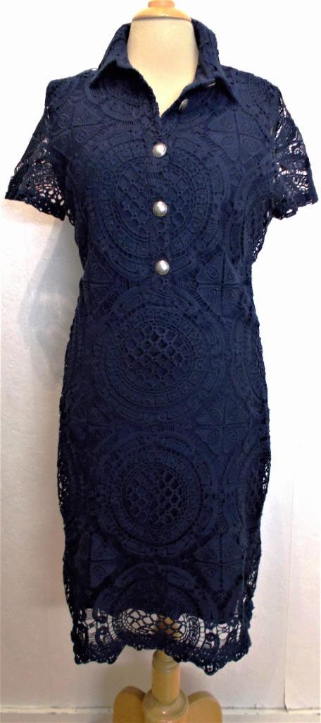 Donkerblauwe mooie kant jurk van Esqualo! 38, Kleding | Dames, Jurken, Zo goed als nieuw, Maat 38/40 (M), Blauw, Onder de knie