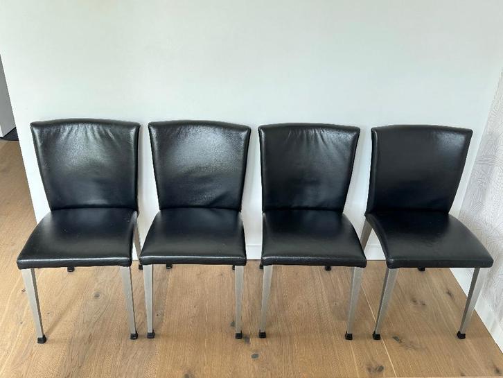 4 leren design eetkamerstoelen, Huis en Inrichting, Stoelen, Gebruikt, Vier, Leer, Metaal, Zwart, Ophalen of Verzenden