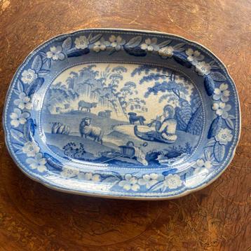 Antieke Blauwe Transferware Schaal Herder Motief 24x19cm beschikbaar voor biedingen