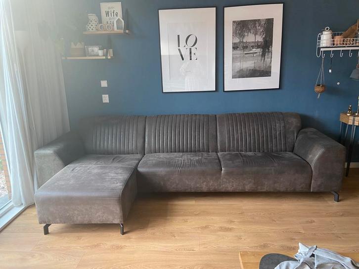 Donkergrijs bankstel met lounge, Huis en Inrichting, Banken | Complete zithoeken, Gebruikt, Stof, Ophalen