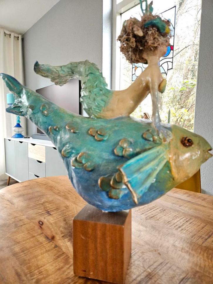 Zeemeermin op Vis 2 x  - Handgemaakt Kunstobject, Antiek en Kunst, Kunst | Beelden en Houtsnijwerken, Ophalen