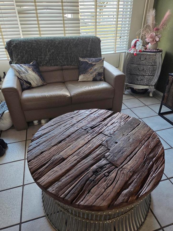Unieke Salontafel - Hout & Metaal 90 meter doorsnee, Huis en Inrichting, Tafels | Salontafels, Ophalen of Verzenden