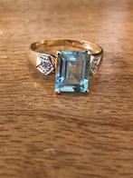 Gouden ring met aquamarijn en diamanten, Sieraden, Tassen en Uiterlijk, Ringen, Ophalen, Gebruikt, Blauw, 17 tot 18