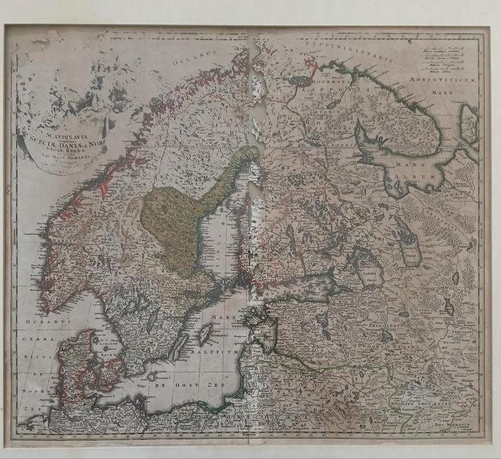 1730 - 18e eeuwse Kaart - Scandinavië - Johann Homann, Antiek en Kunst, Kunst | Etsen en Gravures, Ophalen of Verzenden