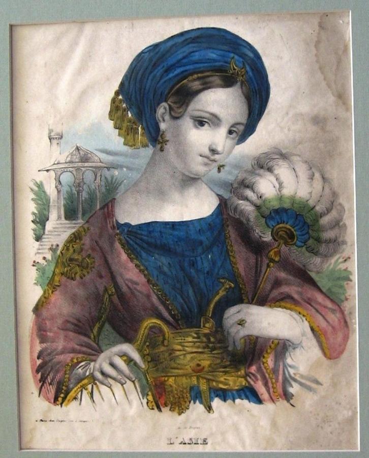 Lithografie l'Asie Dopter Paris Vrouwenportret handgekleurd, Antiek en Kunst, Kunst | Litho's en Zeefdrukken, Ophalen of Verzenden