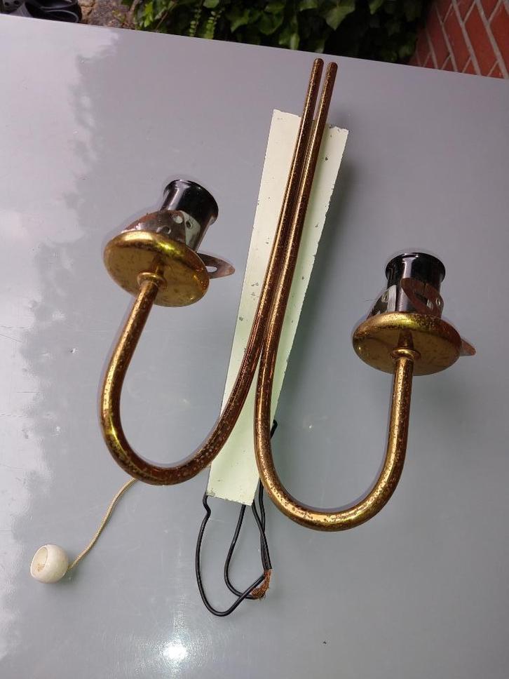 vintage wandlamp voor 2 kelken - met trekschakelaar -Jaren50, Huis en Inrichting, Lampen | Wandlampen, Gebruikt, Glas, Metaal