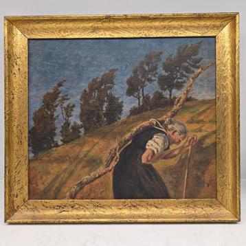 Olieverfschilderij “Boerin in de wind” – gesigneerd Weirl. beschikbaar voor biedingen