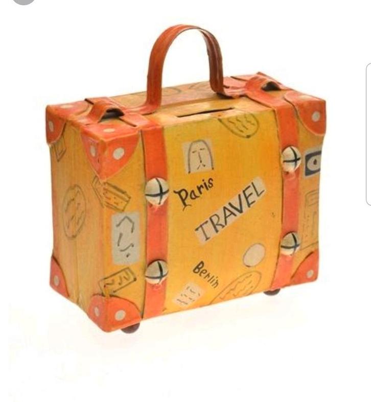Unieke Koffer Spaarpot - Reis rond de wereld!, Sieraden, Tassen en Uiterlijk, Tassen | Reistassen en Weekendtassen, Nieuw, Geel