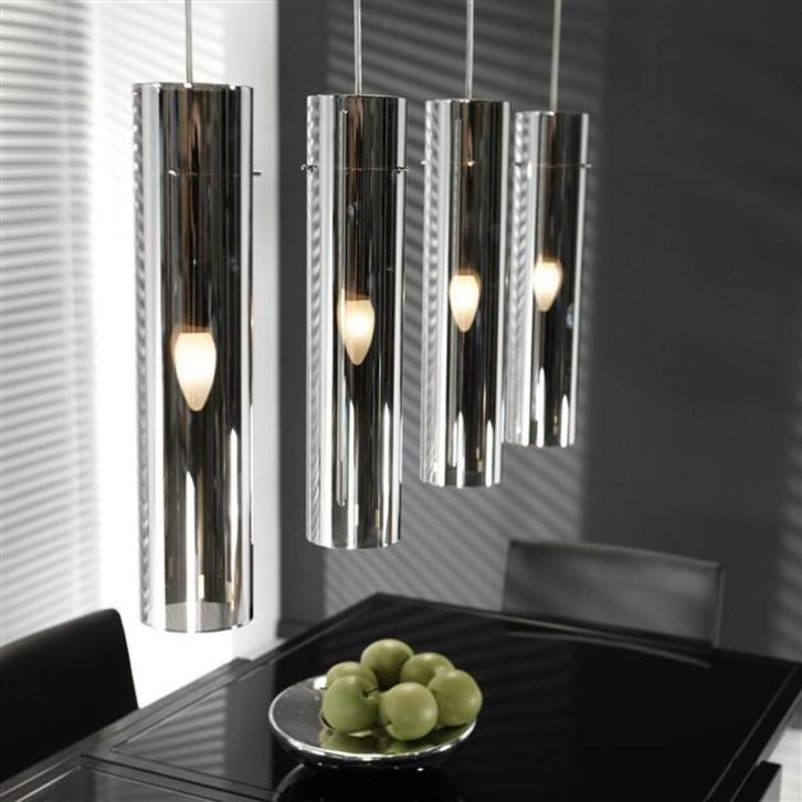 Lamp - Hanglamp: 4 cilinder verchroomd glas, Huis en Inrichting, Lampen | Hanglampen, Nieuw, 75 cm of meer, Glas, Ophalen of Verzenden