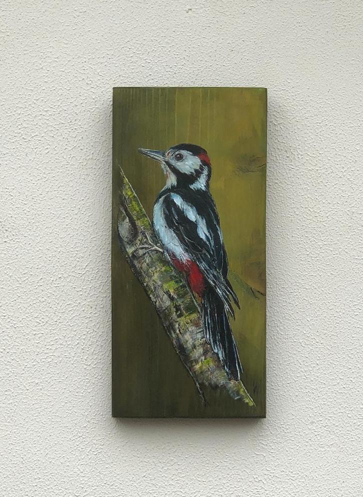 Schilderij bonte specht op gebruikt hout, Antiek en Kunst, Kunst | Schilderijen | Modern, Verzenden