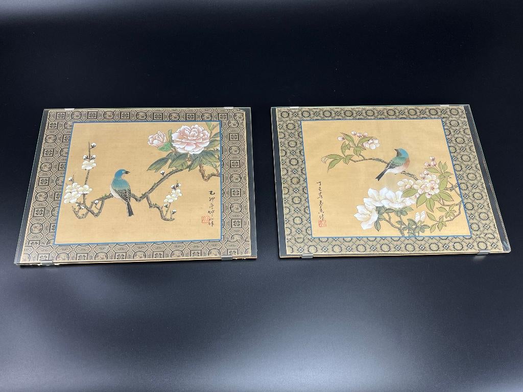 Chinees schilderij op zijde 2x late Qing dynastie vogels, Ophalen of Verzenden