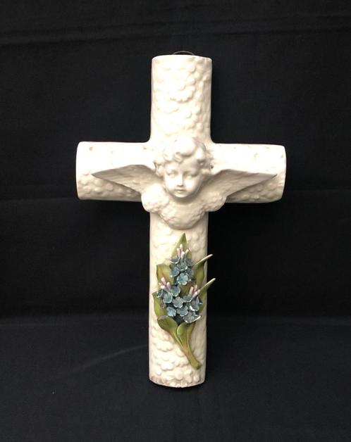 Franse porseleinen Grafkruis Decoratie met Engel - 36 cm, Antiek en Kunst, Antiek | Religie, Ophalen of Verzenden