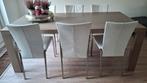 Grijs eiken eettafel met 6 leren stoelen, Huis en Inrichting, Tafels | Eettafels, Ophalen, Gebruikt, 200 cm of meer, 50 tot 100 cm