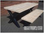 Bank stalen x-poten met steigerhout!, Eikenhout, Info@hout-art.nl, Hoeves 3 in Schijndel, Industrieel