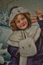 frankrijk 1908 relief kerstmis meisje met bontmof vogeltje, Ophalen of Verzenden, Voor 1920, Gelopen, Overige thema's