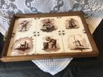 Vintage houten dienblad met 6 tegeltjes   47,5x32,5x3 cm, Ophalen of Verzenden