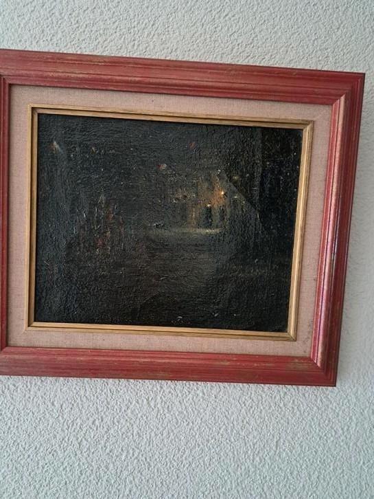 OLIEVERFSCHILDERIJ A. SIBENS HUIS BIJ NACHT, Antiek en Kunst, Kunst | Schilderijen | Klassiek, Ophalen of Verzenden