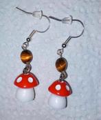 Paddenstoel met Tijgeroog steen kraal oorbellen., Sieraden, Tassen en Uiterlijk, Oorbellen, Ophalen of Verzenden, Nieuw, Bruin