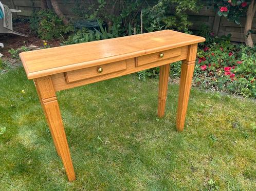 Licht eiken sidetable met 2 laatjes, Huis en Inrichting, Tafels | Sidetables, Gebruikt, 25 tot 50 cm, 100 tot 150 cm, Rechthoekig