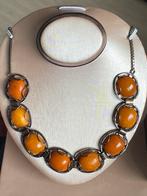 Prachtige antiek zilveren ketting met eggyolk barnstenen, Ophalen of Verzenden, Zilver, Ketting