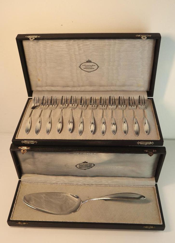 Set antieke zilveren puntfilet taartvorkjes met taartschep, Antiek en Kunst, Antiek | Goud en Zilver, Zilver, Ophalen of Verzenden