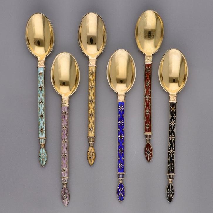 Zilveren mokka lepeltjes met emaille, Antiek en Kunst, Antiek | Bestek, Verzenden